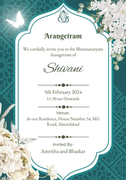 Bhartanatyam Arangetram Invitation card template