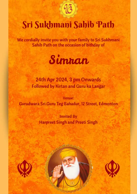 Sukhmani sahib path invitation on Birthday or wedding