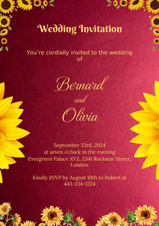 Sunflower theme wedding invitation card template for free